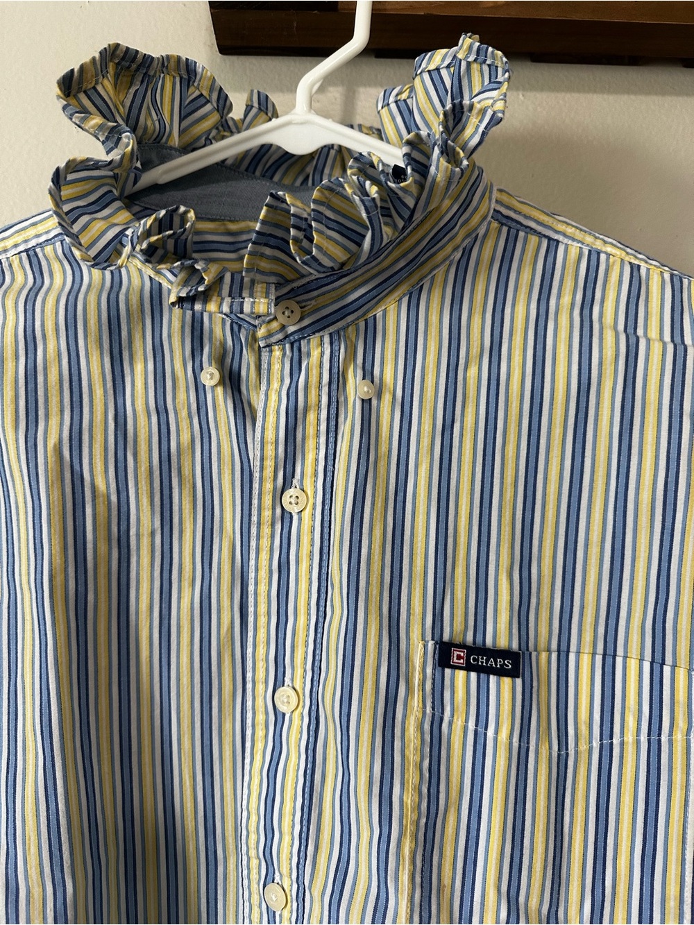 Chaps Blue, Yellow and White Striped Women's Button-Down with Ruffle Collar - Picture 2 of 3